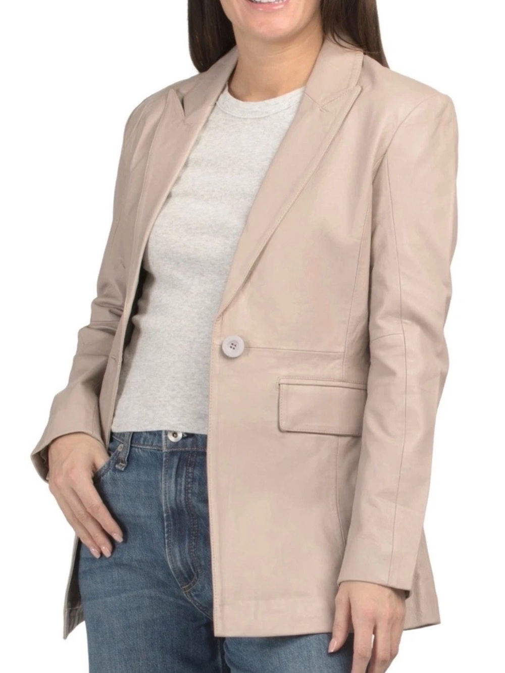 BOD & CHRISTENSEN WOMENS 100% LEATHER BLAZER/JACKET IN BABY BREATH(beige) SZ M